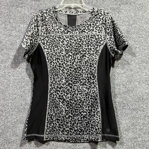 Vogo Athletica Active T-Shirt Women Medium Black Gray Leopard Cap Sleeve Workout